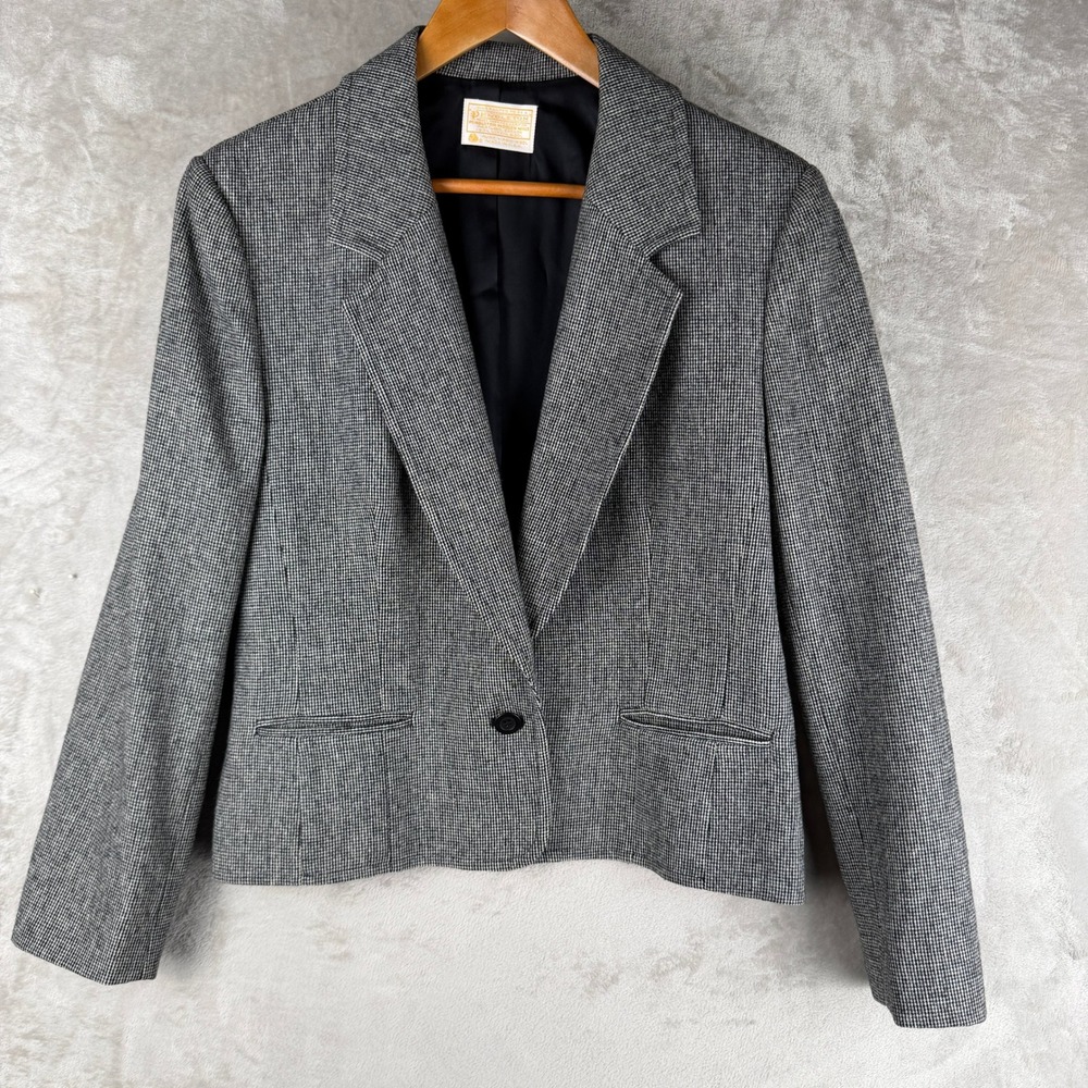 Pendleton Wool Blazer Womens 16 Gray Houndstooth Single Button Made in USA